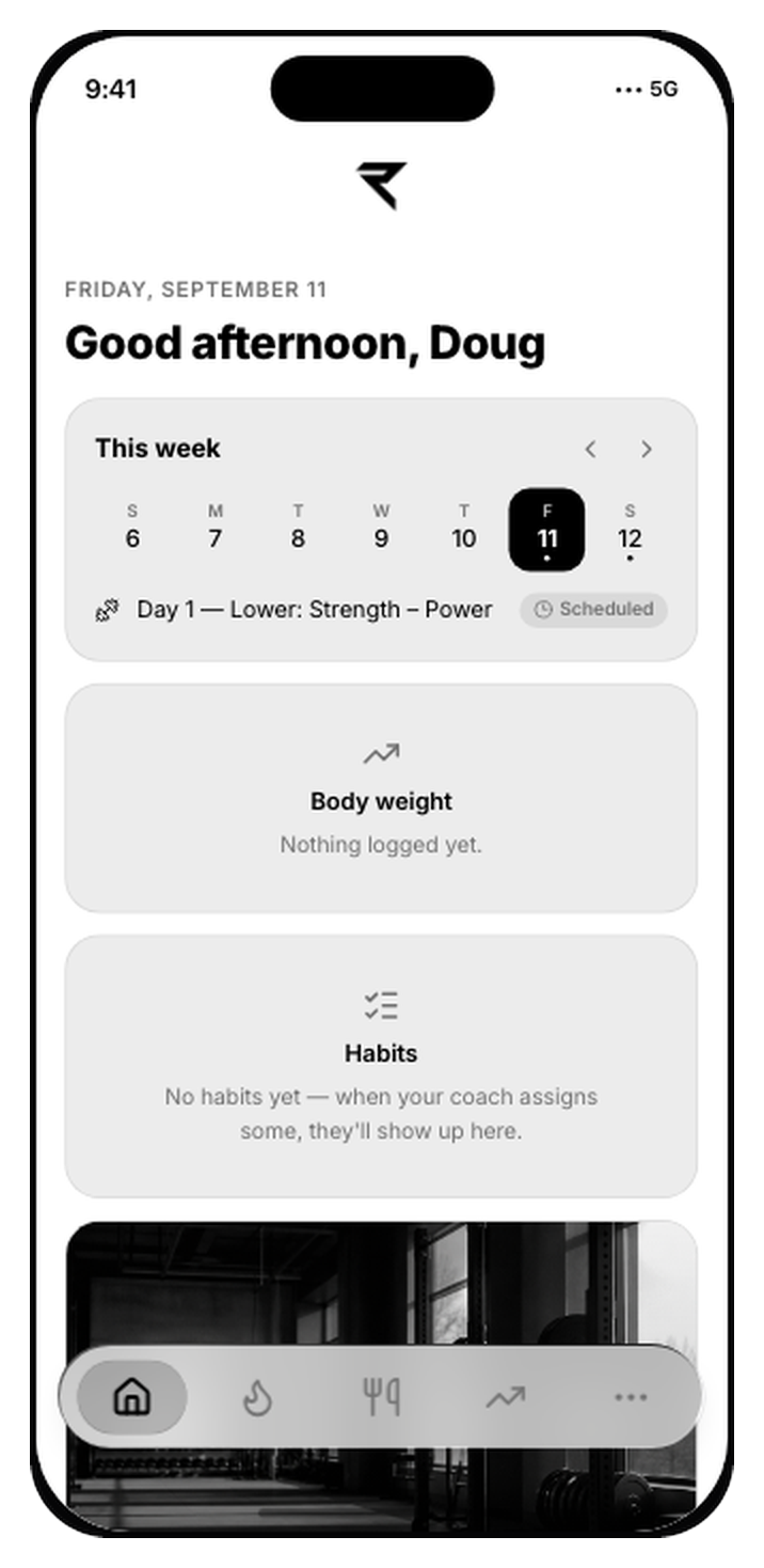 The REAL app home screen: this week, with the day's session scheduled