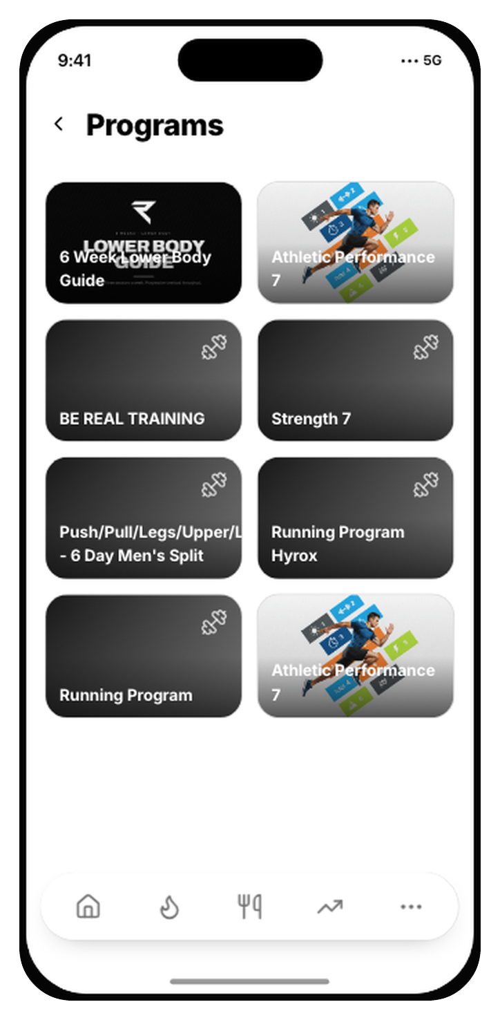 The REAL app, Programs screen: 6 Week Lower Body Guide, BE REAL Training, Strength 7, Push/Pull/Legs and the running programs